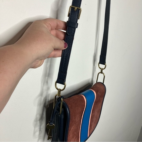 Fossil Rumi blue Cabernet striped suede leather flap crossbody bag small - Picture 5 of 15